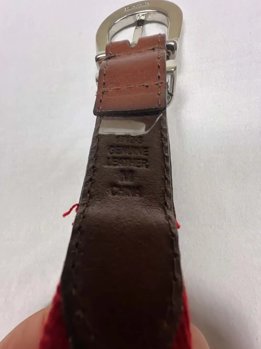 Woolrich Red Woven Canvas Belt with Brown Leather Accents and Solid Brass Buckle